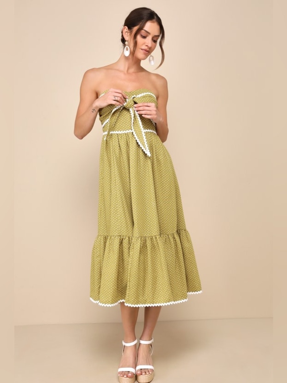 Lulu's Olive Green Strapless Polka Dot Midi Dress with White Trim